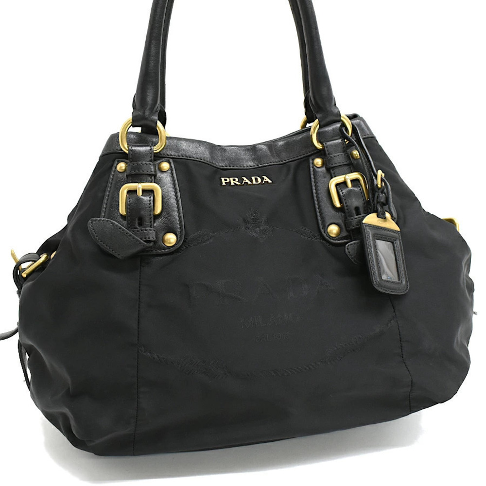 Prada handbag leather black embroidered